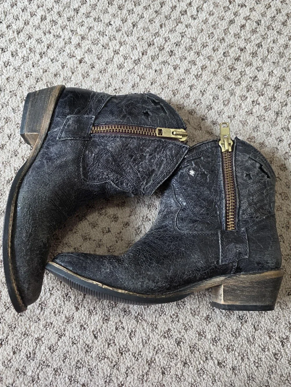Steven By Steve Madden Black Leather Western Ankle Booties with Gold Zip